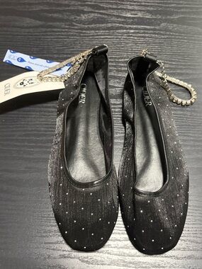Cider Black Sparkle Ballet Flats with Rhinestone Ankle Chain